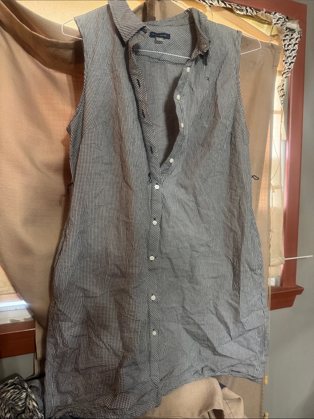Women’s Sleeveless Button-Up Shirt Dress - Black/White Gingham-77